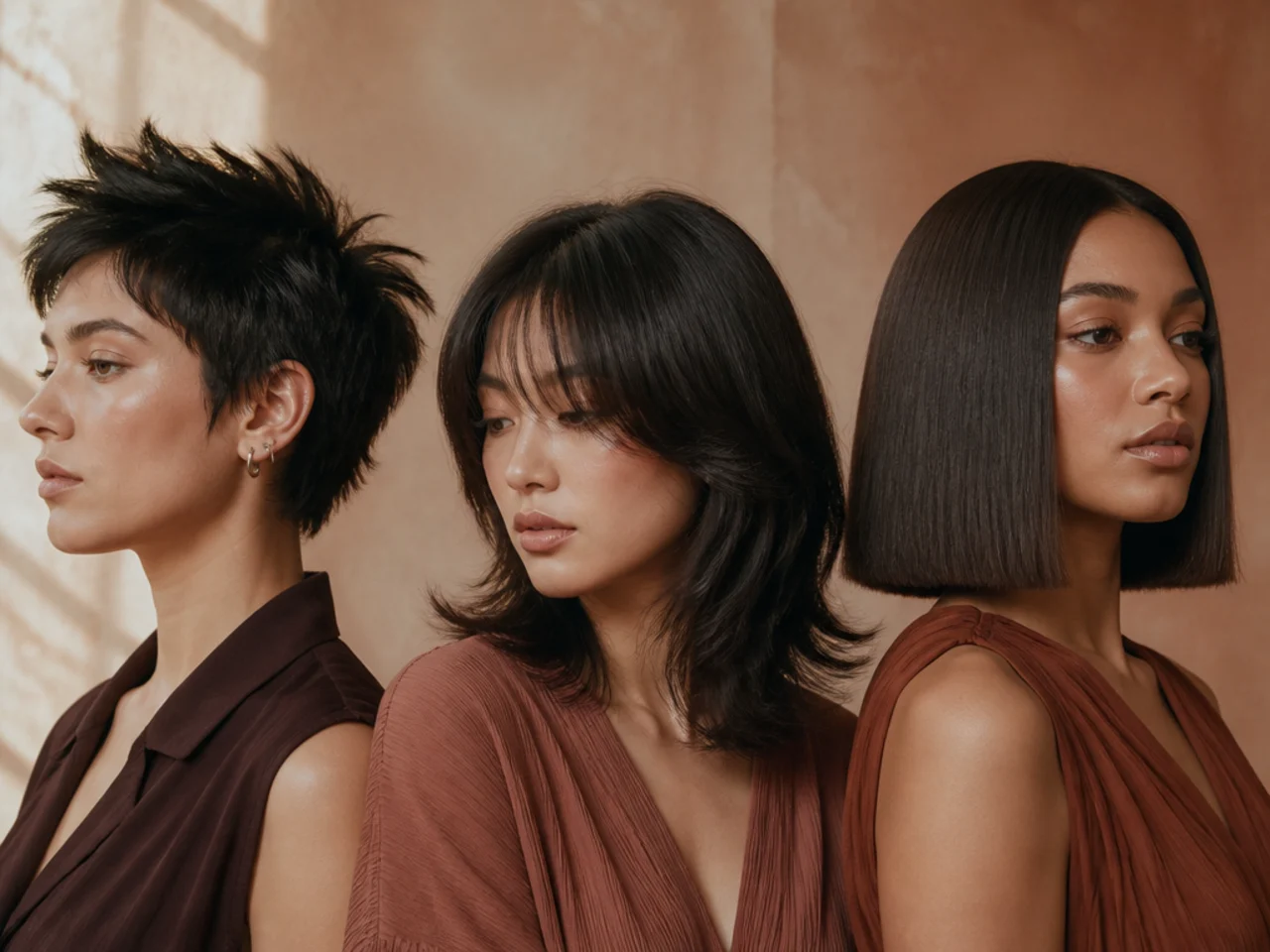 Three hair textures side by side showing a spike, a feathered wedge and a blunt flat shape