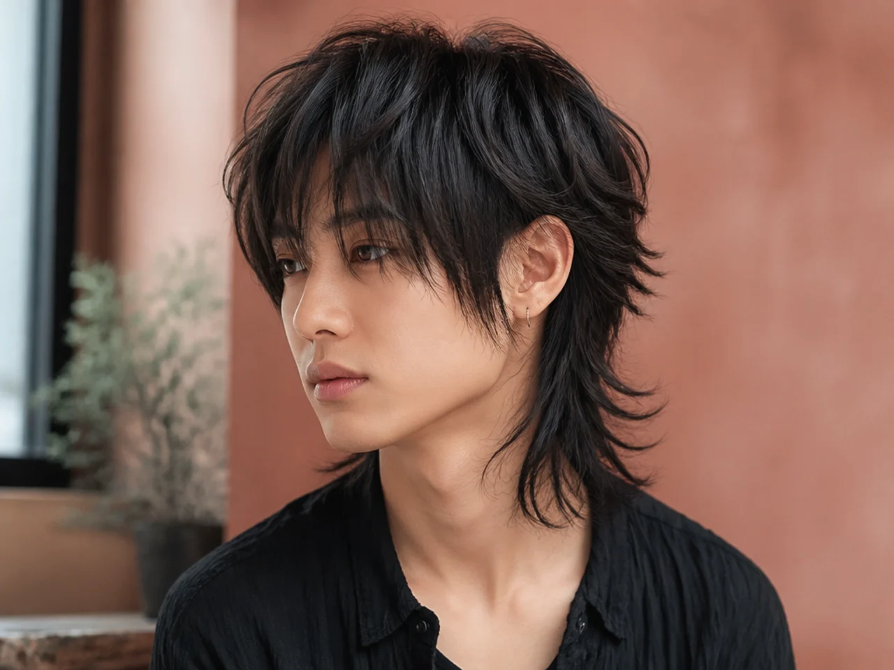 Three quarter view of a finished anime style mullet with sharp separation