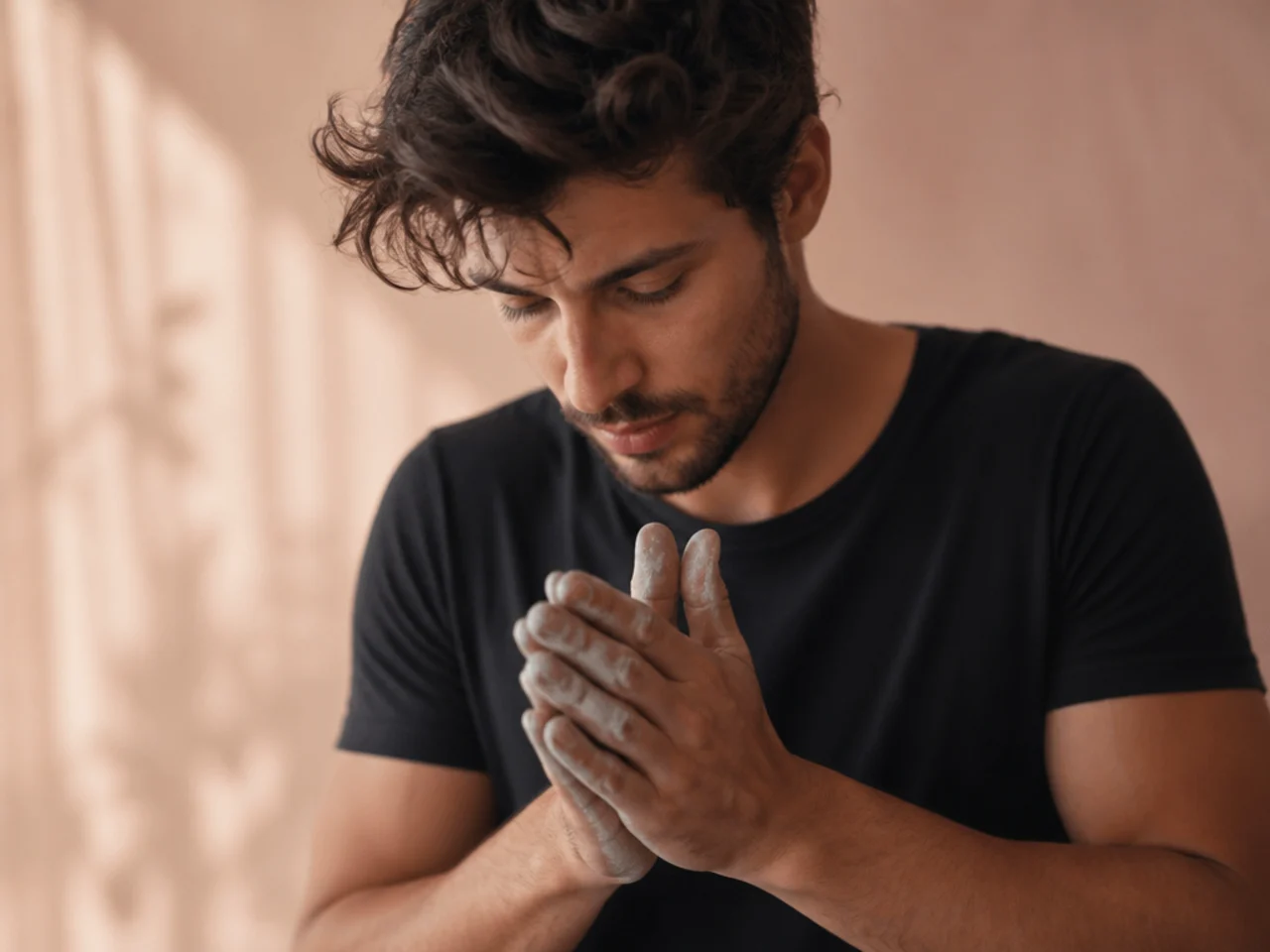Matte clay being rubbed between palms before being worked into dry hair