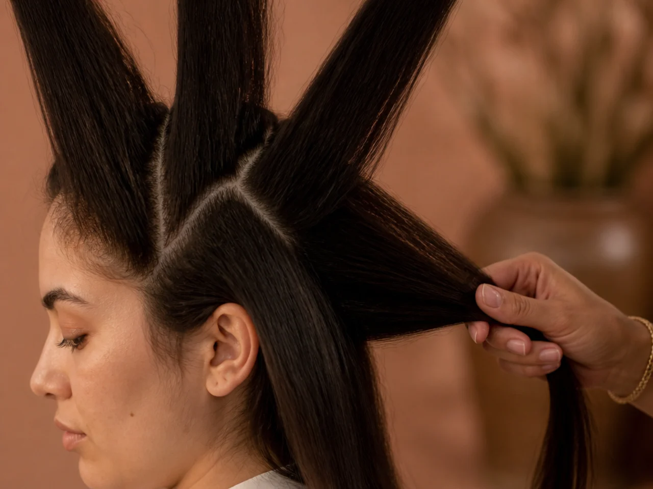 Close view of hair separated into distinct matte wedges standing away from each other