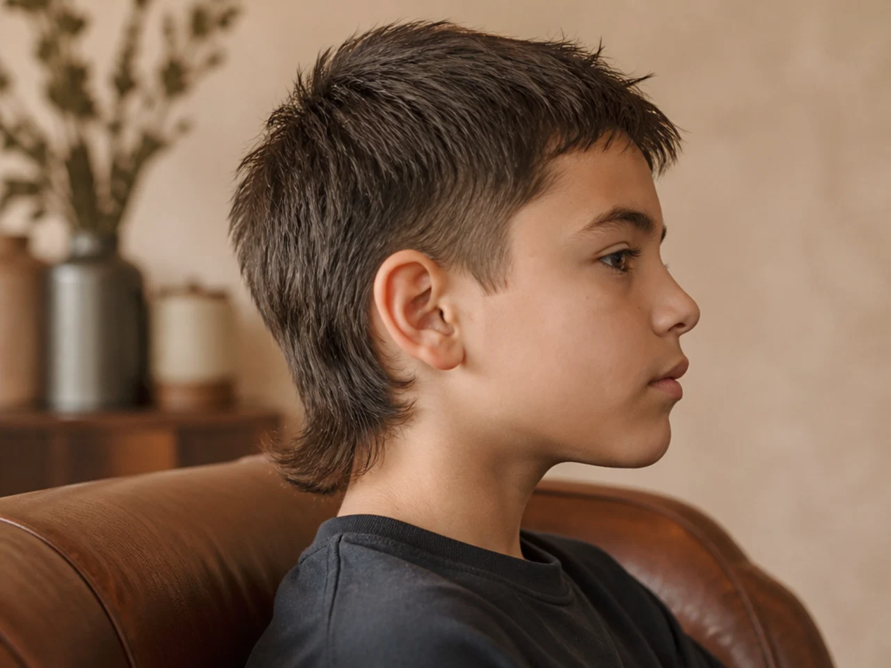 A very short baby mullet on a young boy with a small tail at the nape