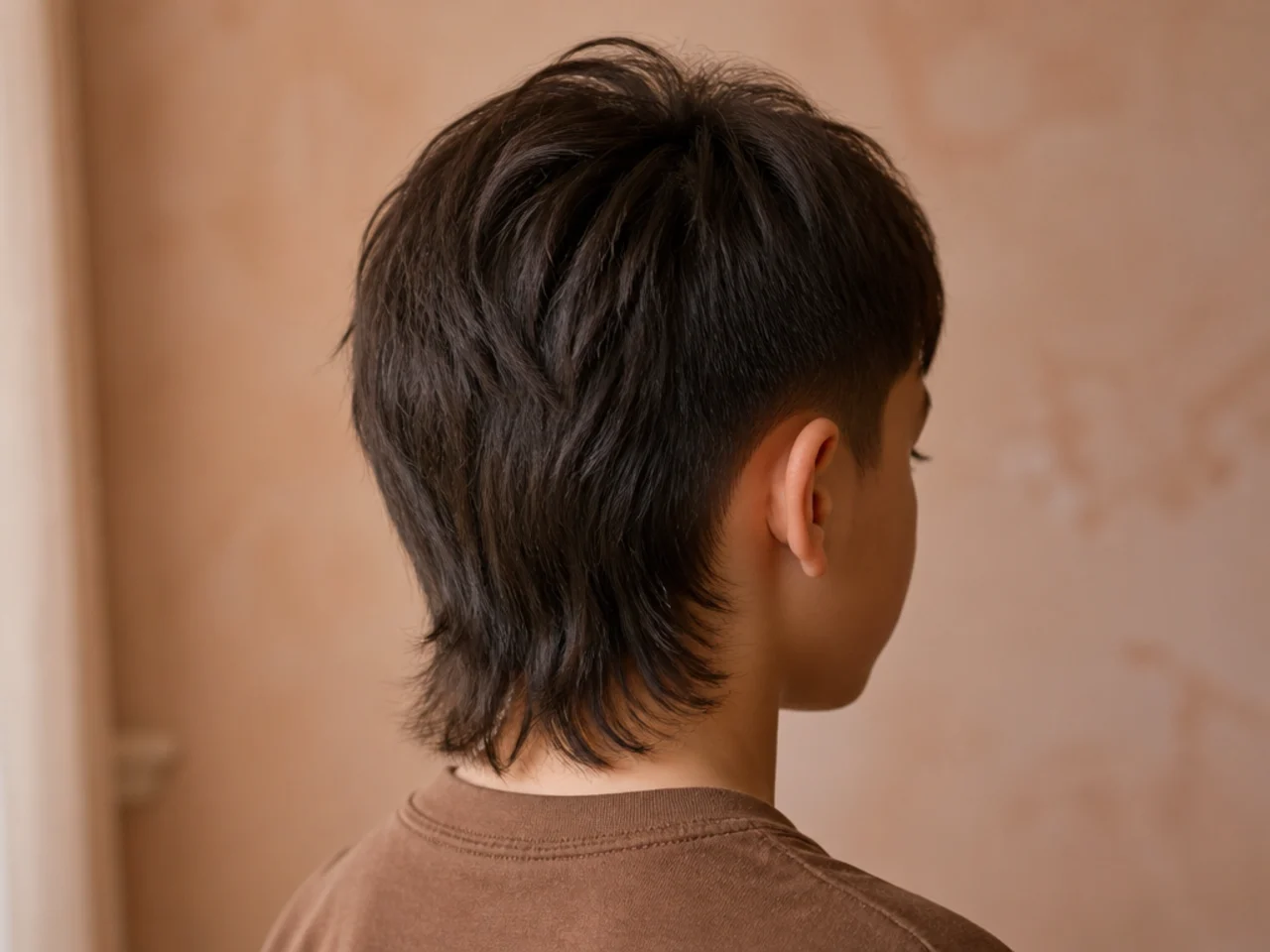 Back view of a boy's mullet with a short tail ending above the shirt collar
