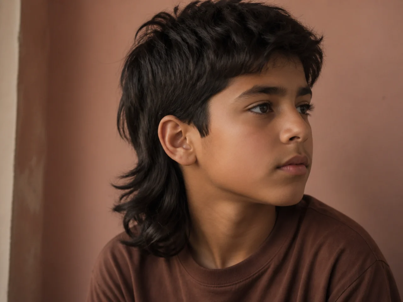 A long mullet tail falling past the collar onto a boy's shoulders