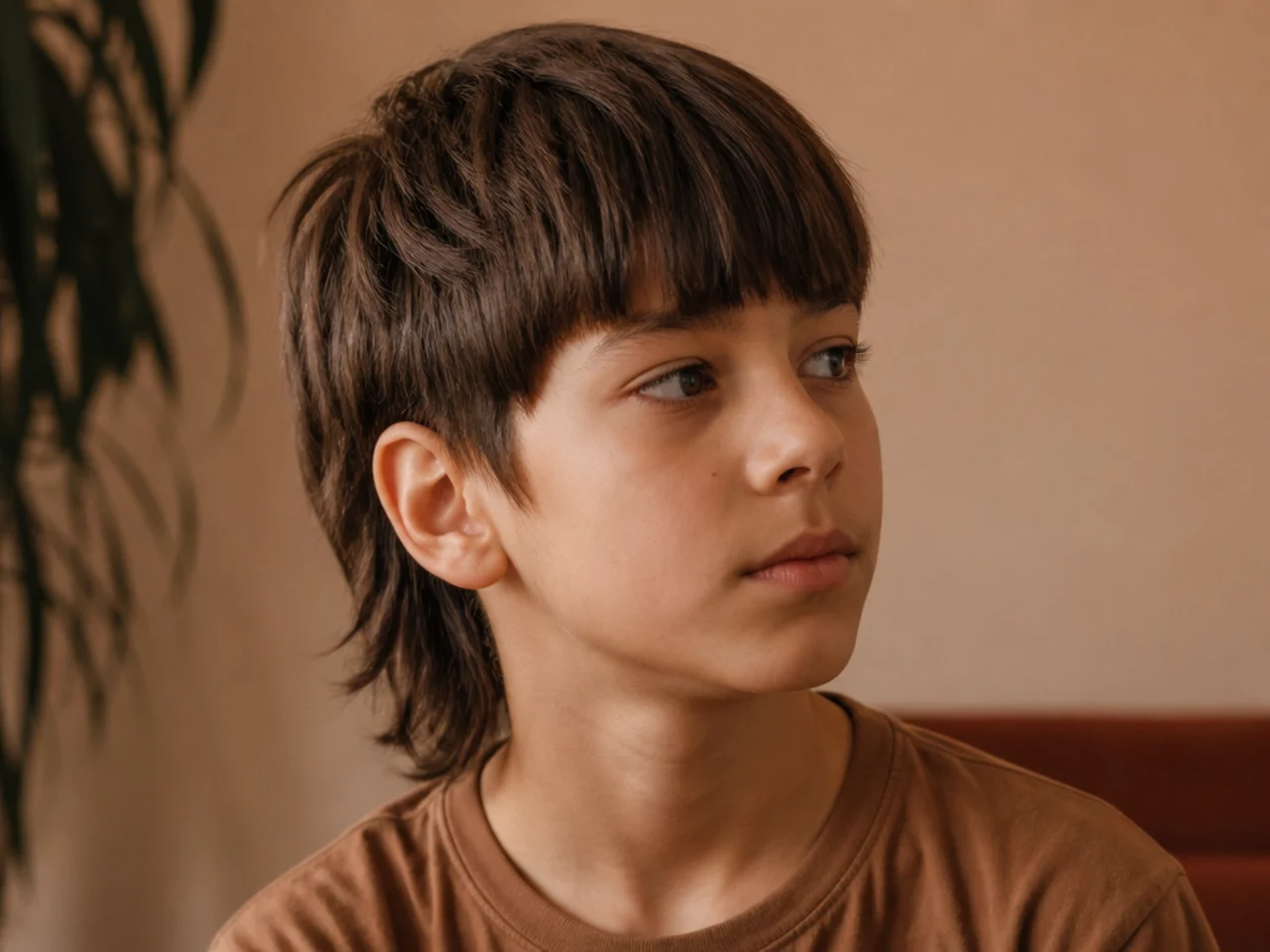 A boy with a straight fringe over the forehead and a longer mullet at the back