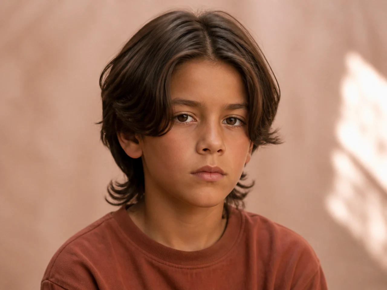 A centre parted mullet with both front sections falling toward the cheeks