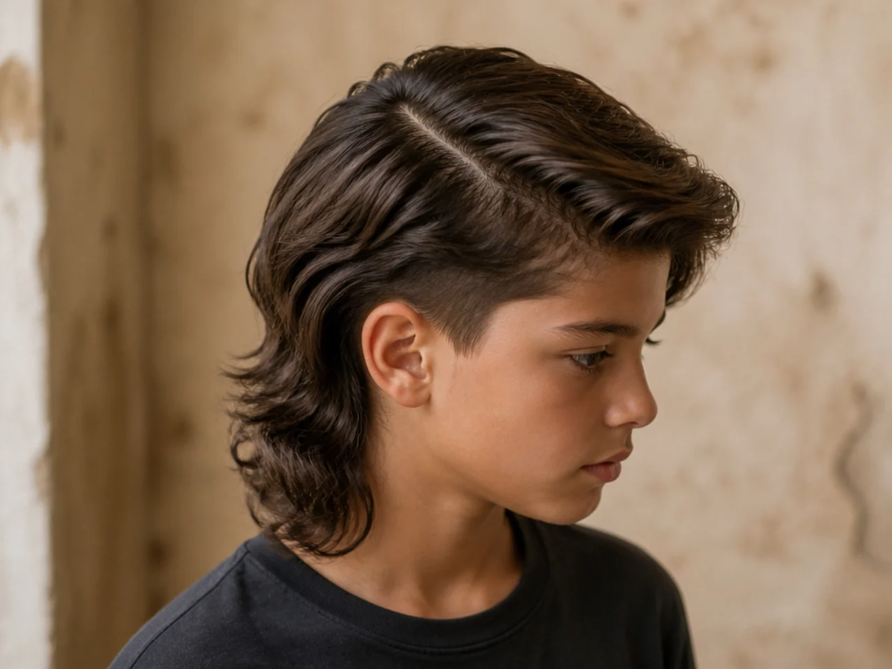 A boy's mullet swept sideways from a deep parting across the top of the head