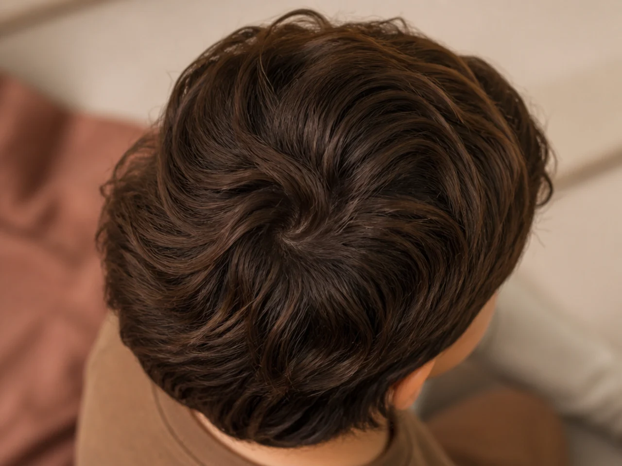 Overhead view of a crown whorl on a boy with longer hair left over the spiral