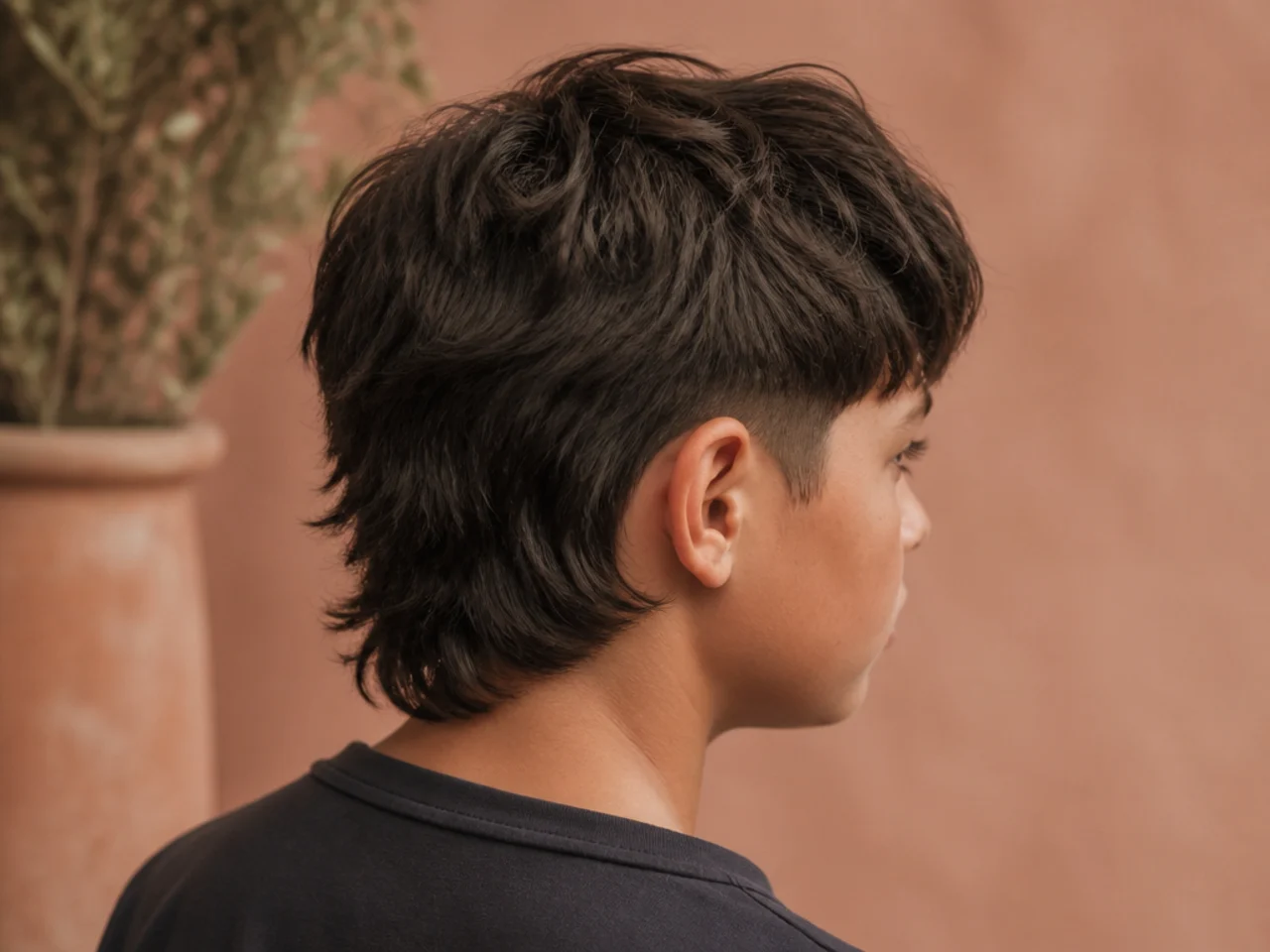 A softly tapered neckline blending into the neck below a boy's mullet