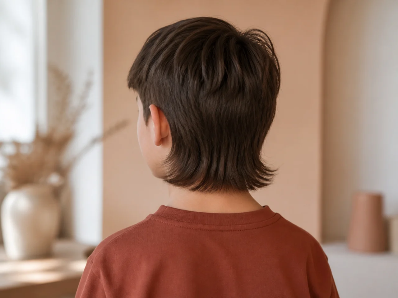 Back view of a boy's mullet with the nape cut in a straight horizontal line
