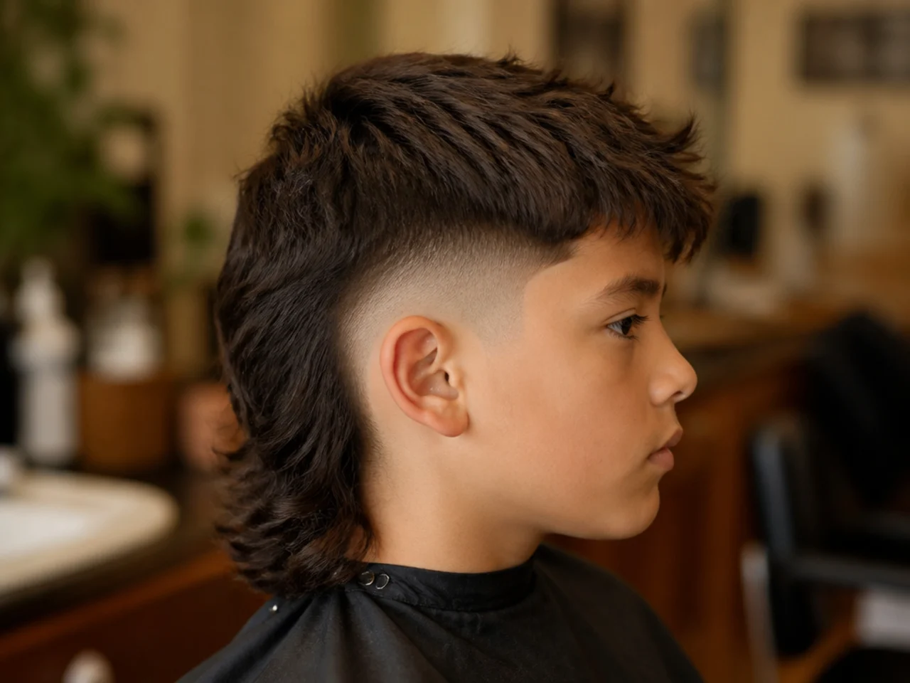 A boy's mullet with the sides faded to bare skin and a long back section