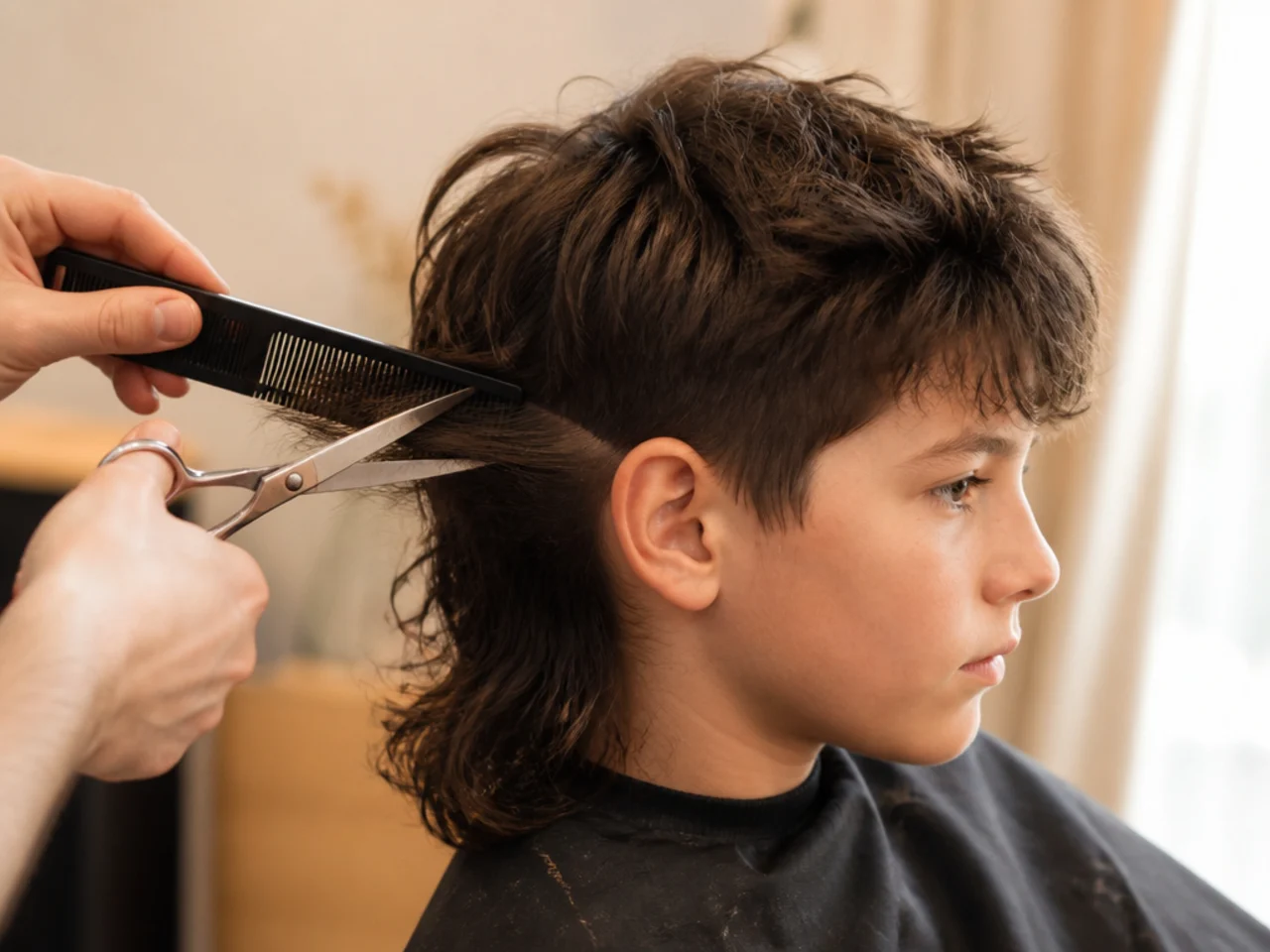 Scissors cutting into the side section of a boy's mullet over a comb