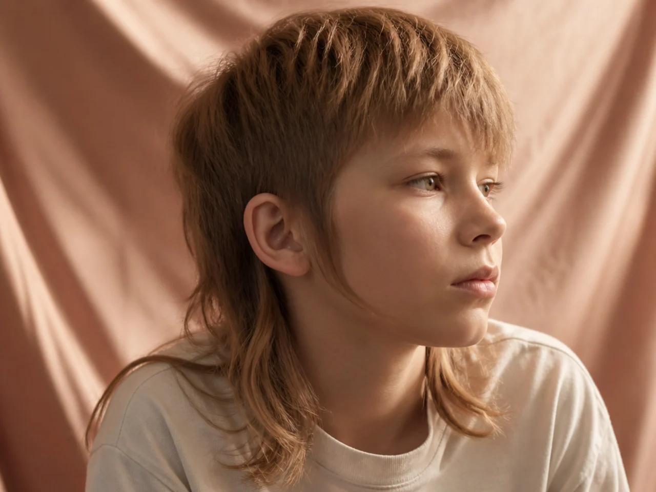 A boy with fine light hair in a mullet with deliberately longer side guards