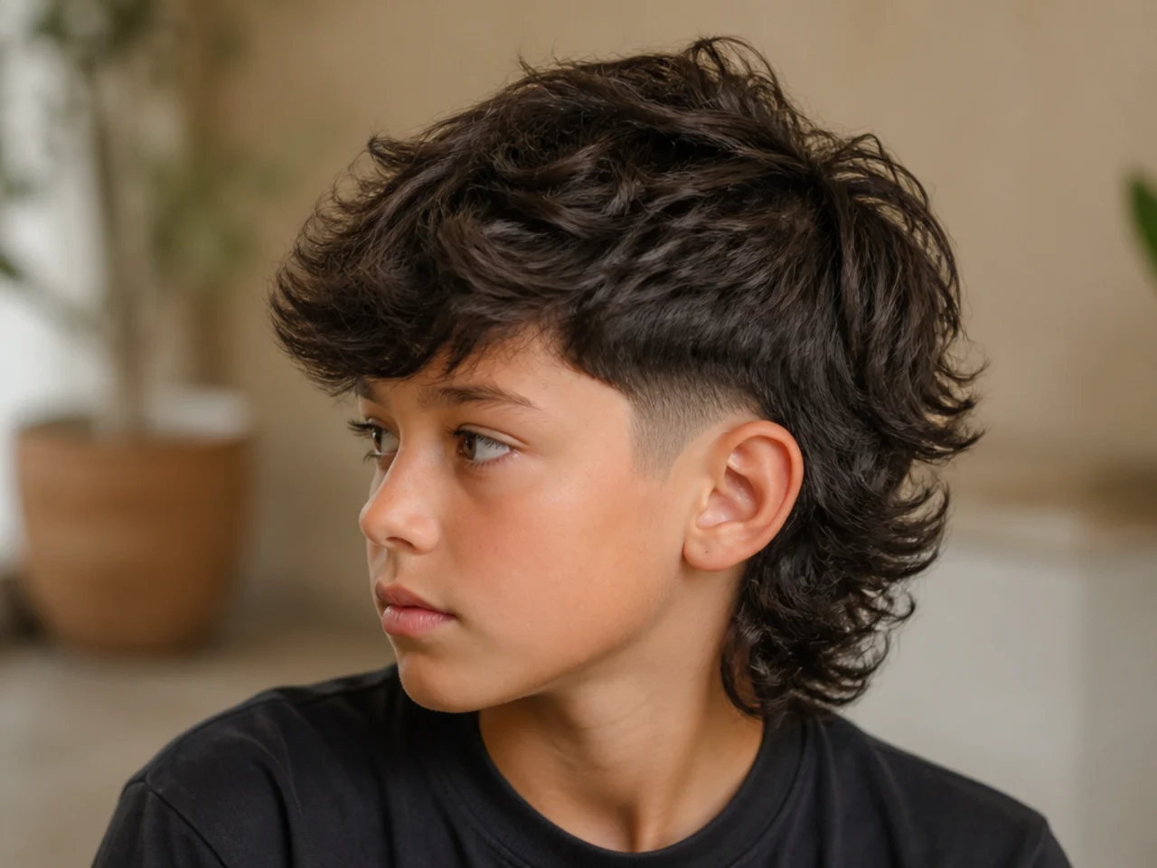 A boy with very thick dark hair in a mullet with a carefully blended side