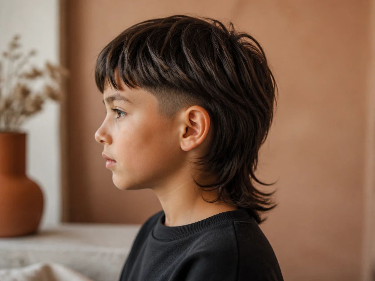 A bowl cut partway converted into a mullet with shortened sides and a long back