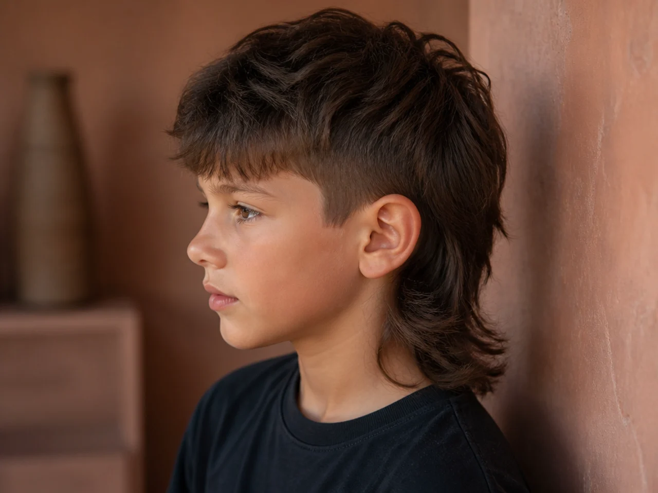 A boy's mullet six weeks after cutting with softened sides and a longer tail