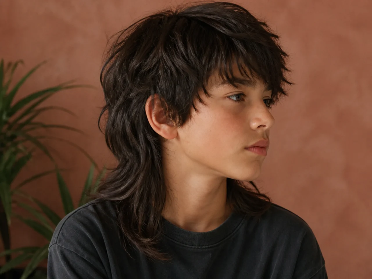 A heavily grown out mullet on a boy with long sides and shoulder length back