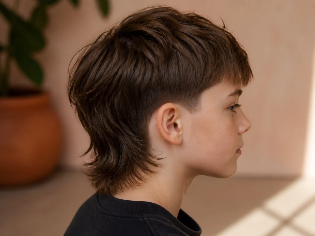 A low taper running just above the ear on a boy's mullet, side view
