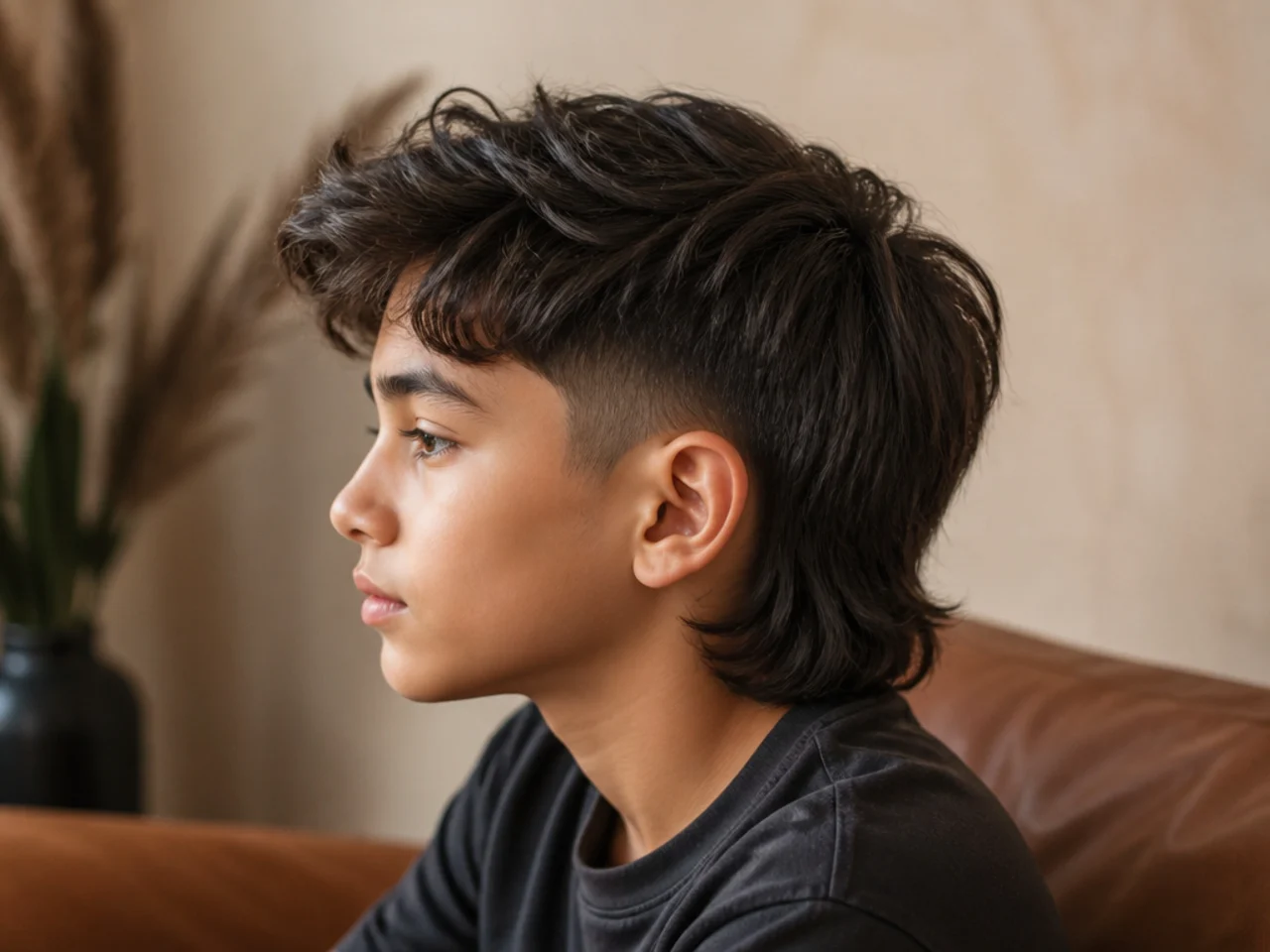 A mid height taper on a boy's mullet with a longer top section