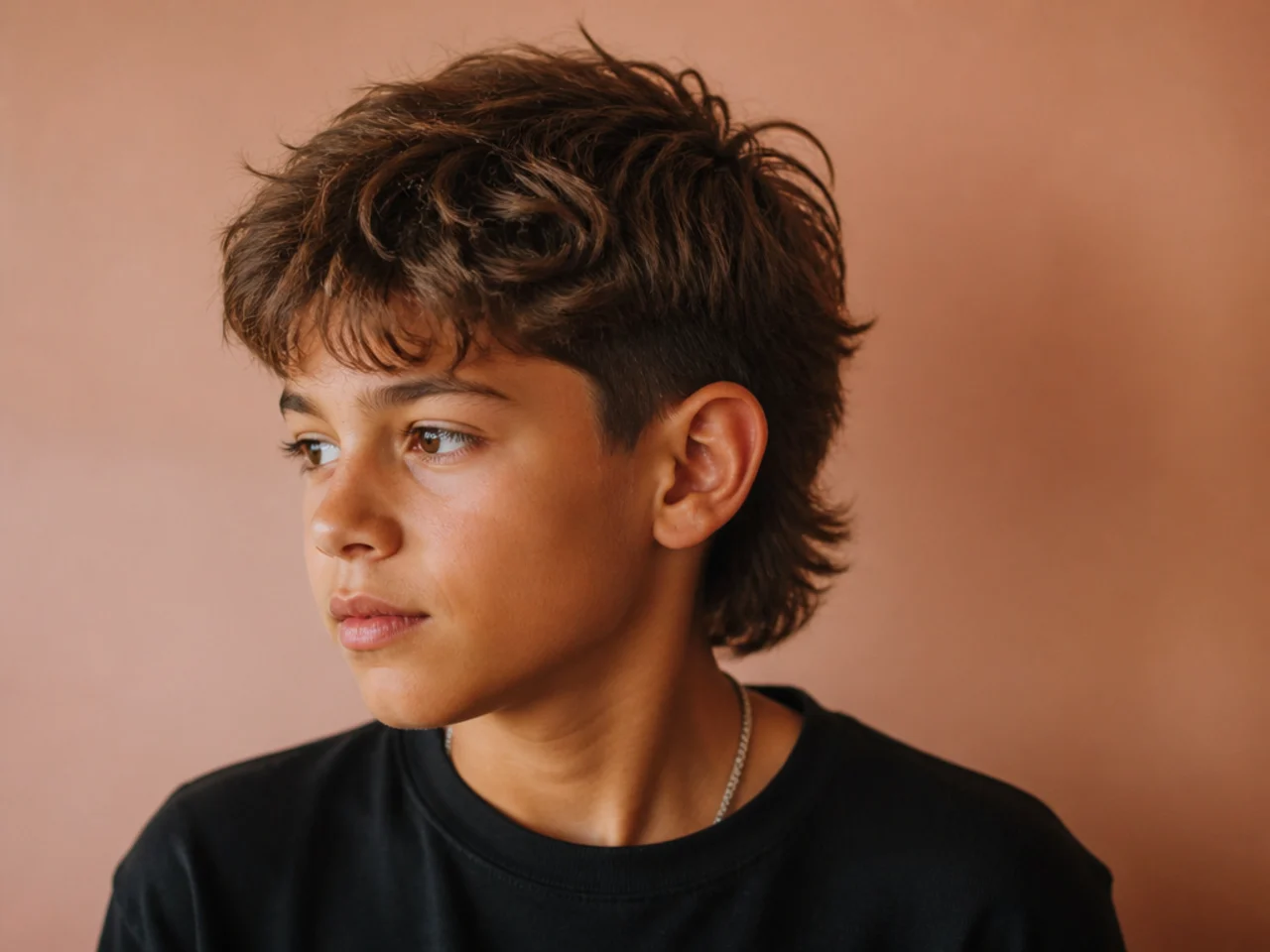 A boy with a short textured top and a longer back section, front three quarter view