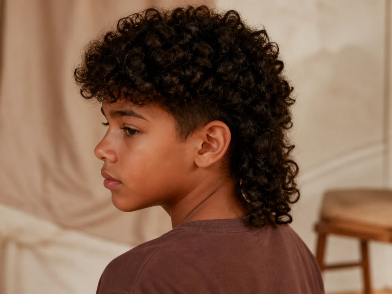 A boy with tight curls in a mullet shape, longer curls at the nape