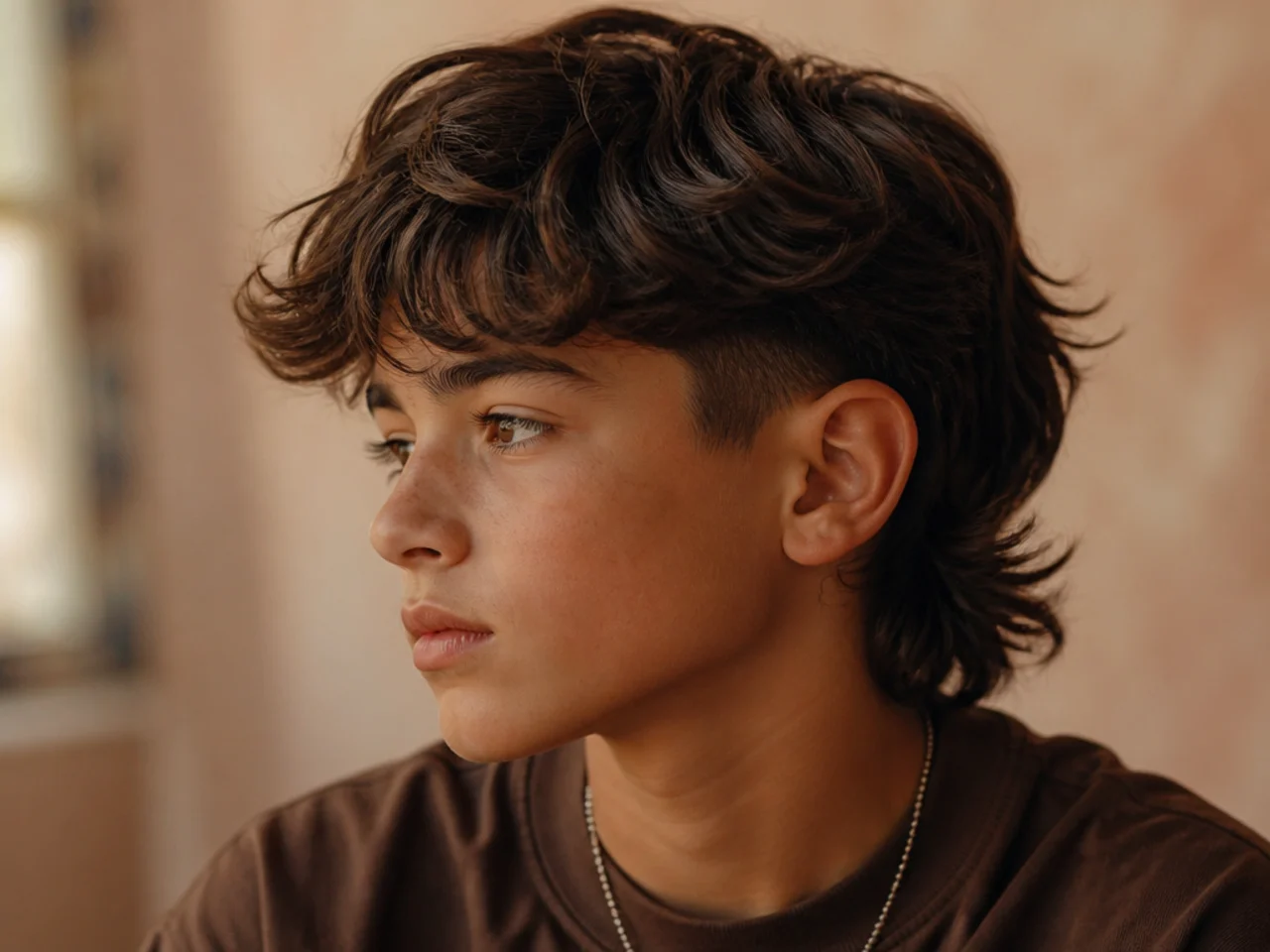 Loose waves in a boy's mullet with a soft blend into the sides