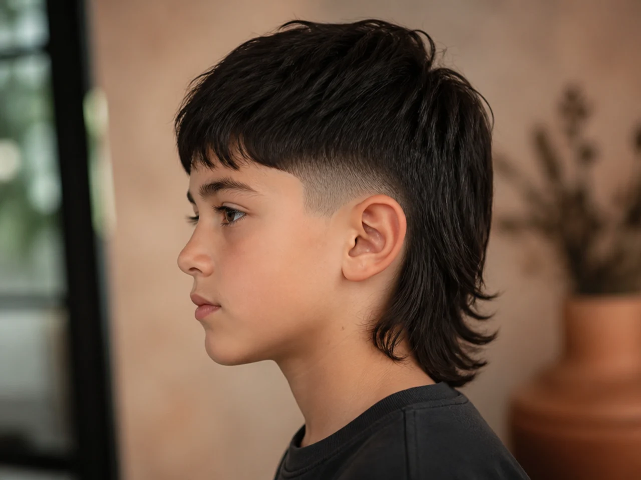A boy with straight dark hair in a mullet showing a clean visible gradient