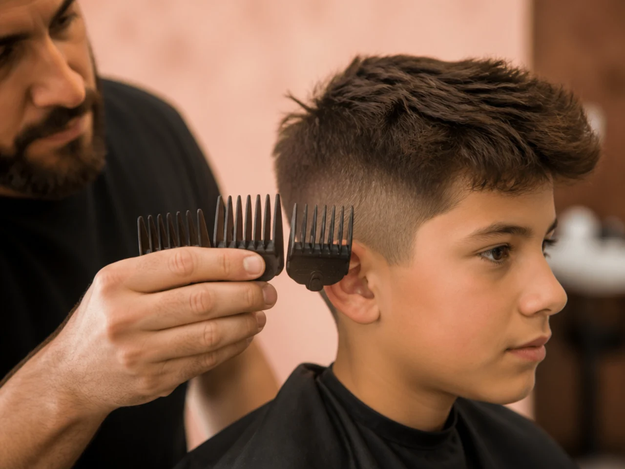 A barber holding clipper guards next to a boy's hair to compare lengths