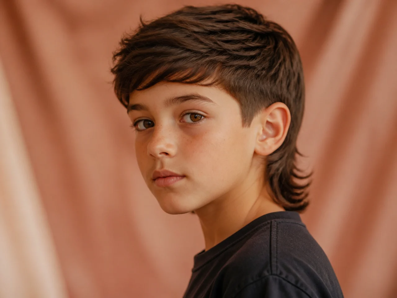 Three quarter portrait of a boy with a neatly blended mullet