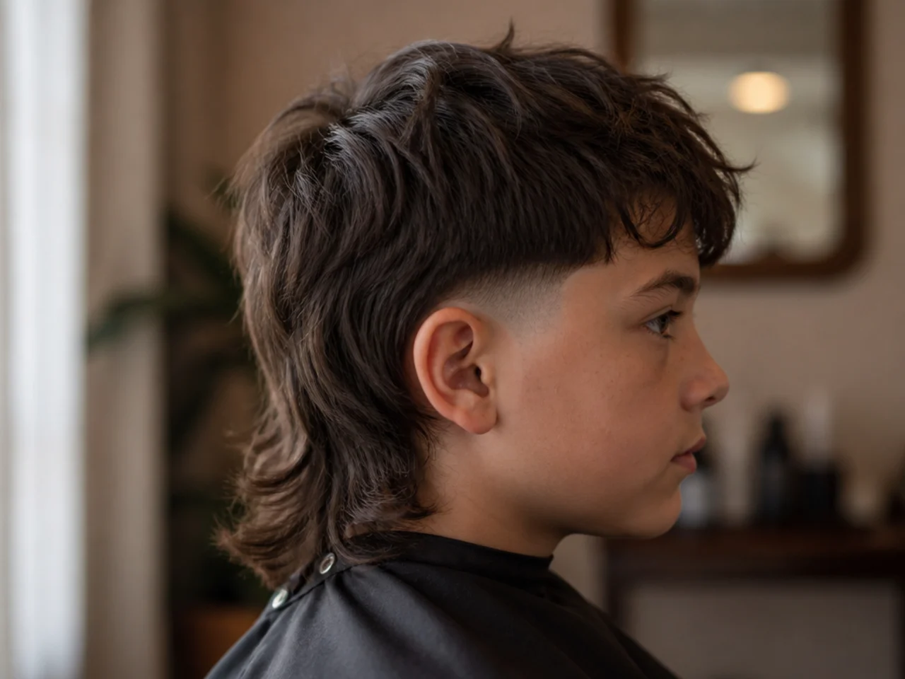 A grown out disconnected mullet showing a hard shelf where the top meets the sides
