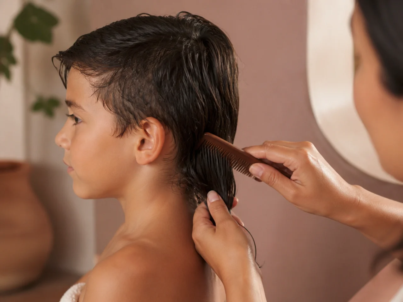 A parent combing out a damp mullet tail on a young boy after a bath