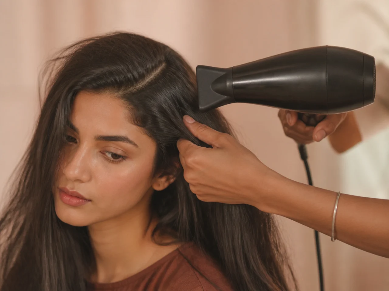Hair being blow dried across the head to set a parting