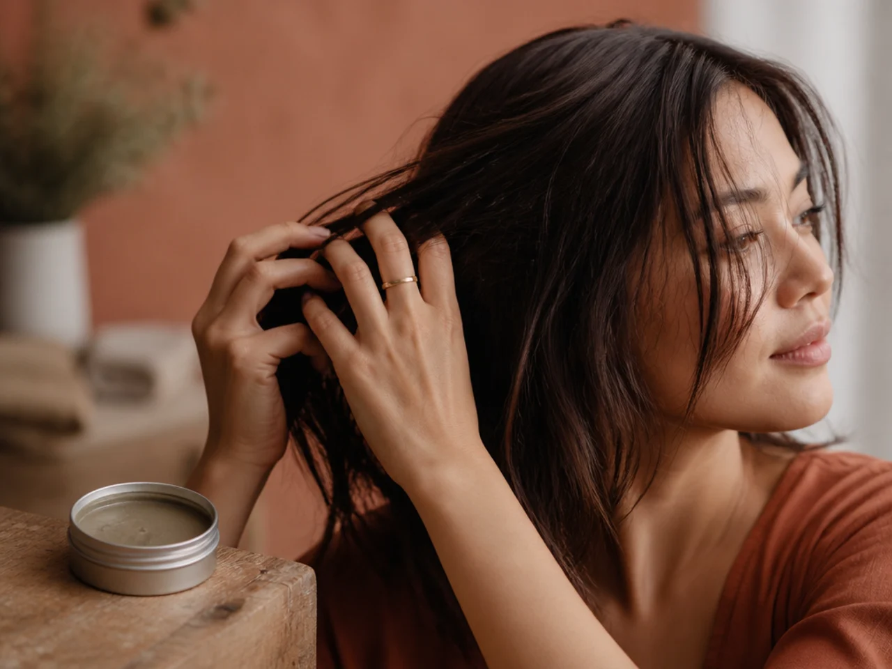 A tin of matte clay open beside hands working product through mid length hair