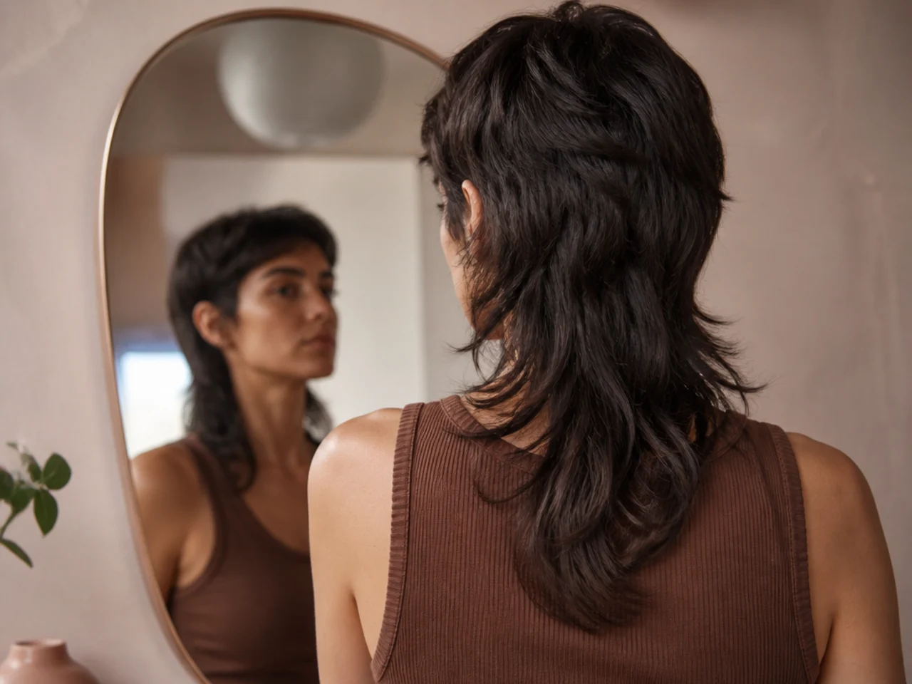 A finished mullet shape being checked in a mirror at the back