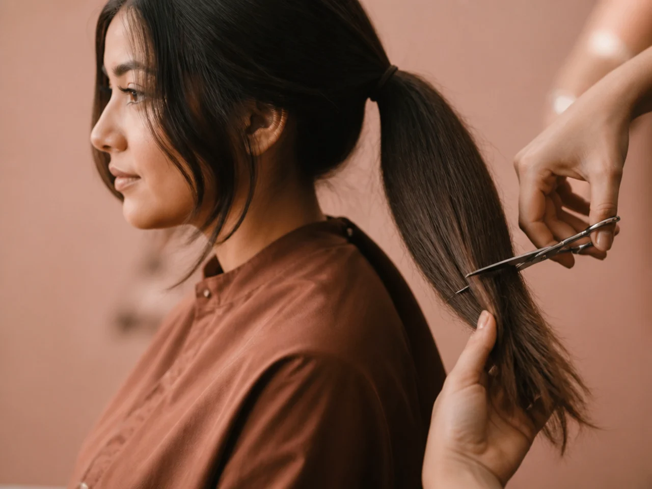 The very ends of a long tail being dusted with scissors