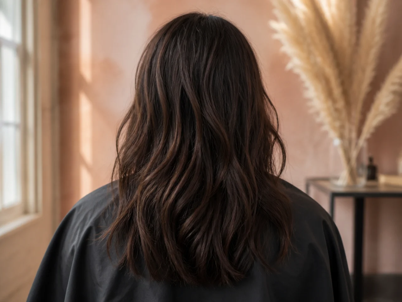 A barber cape draped over shoulders with clippers set aside and the back of the head untouched