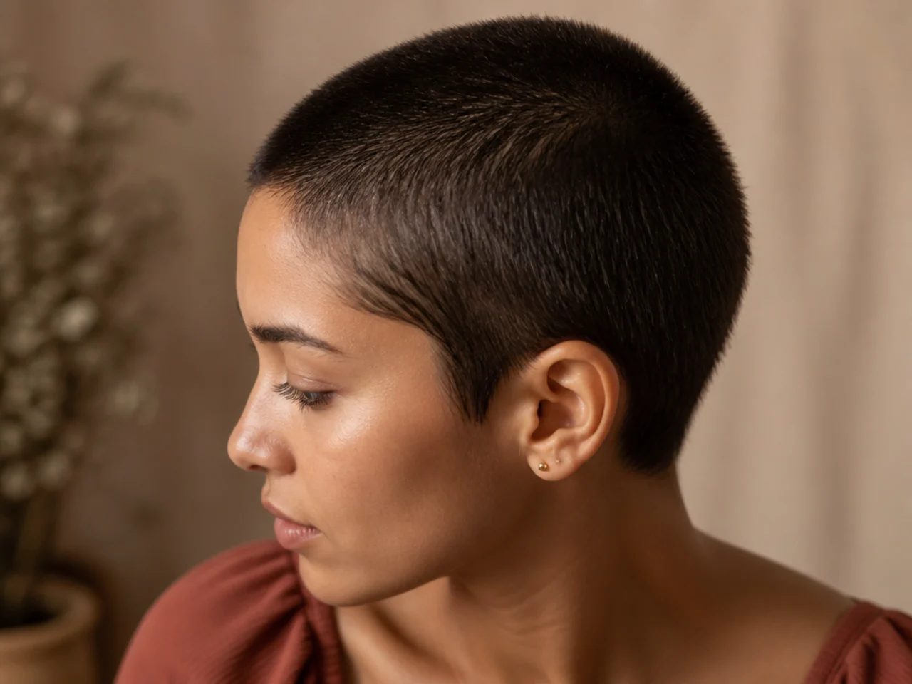 A head of hair one month after a buzzcut, evenly short all over