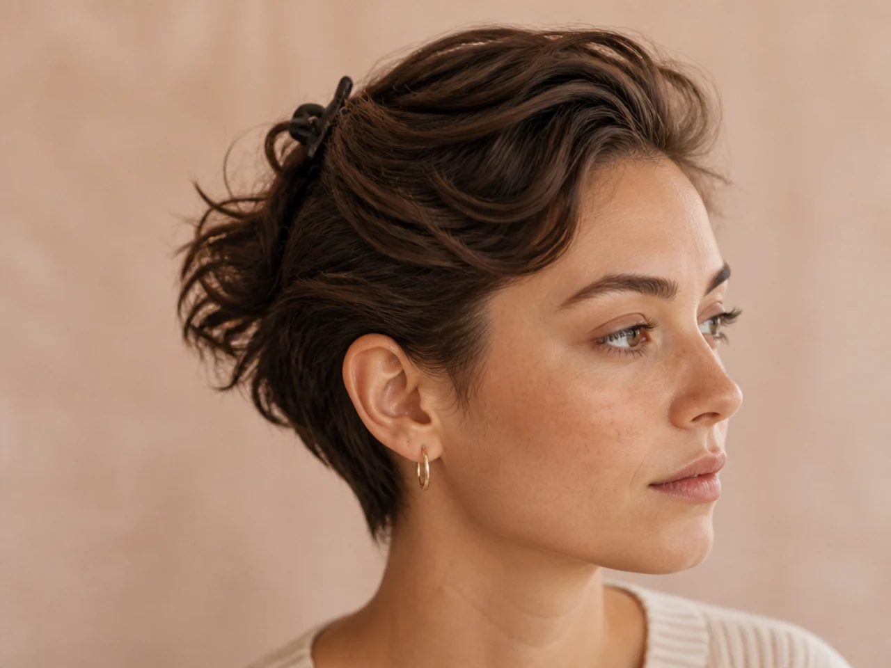 Hair flaring outward above the ears before being clipped back short