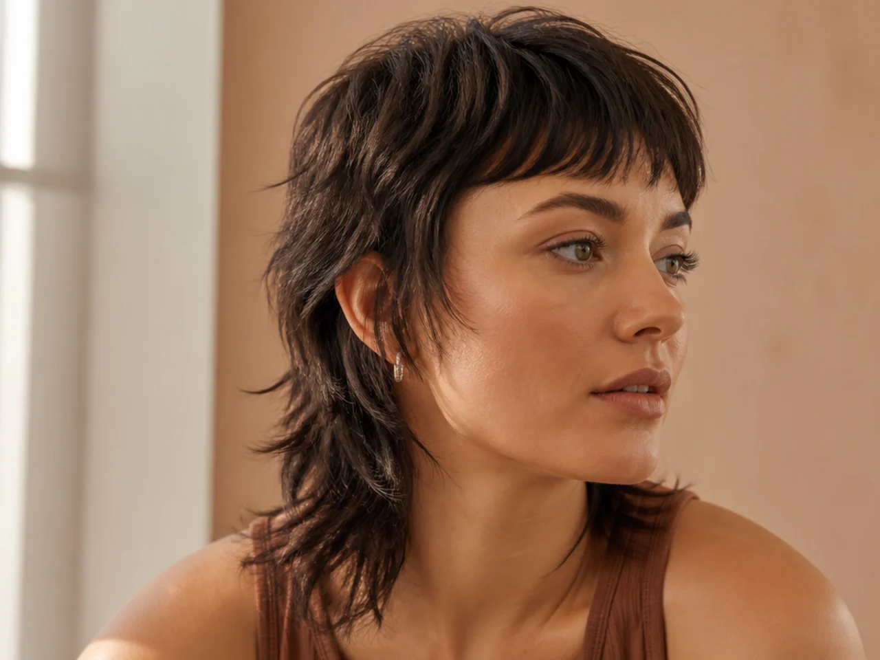Three quarter view of a finished mullet grown out from a buzzcut