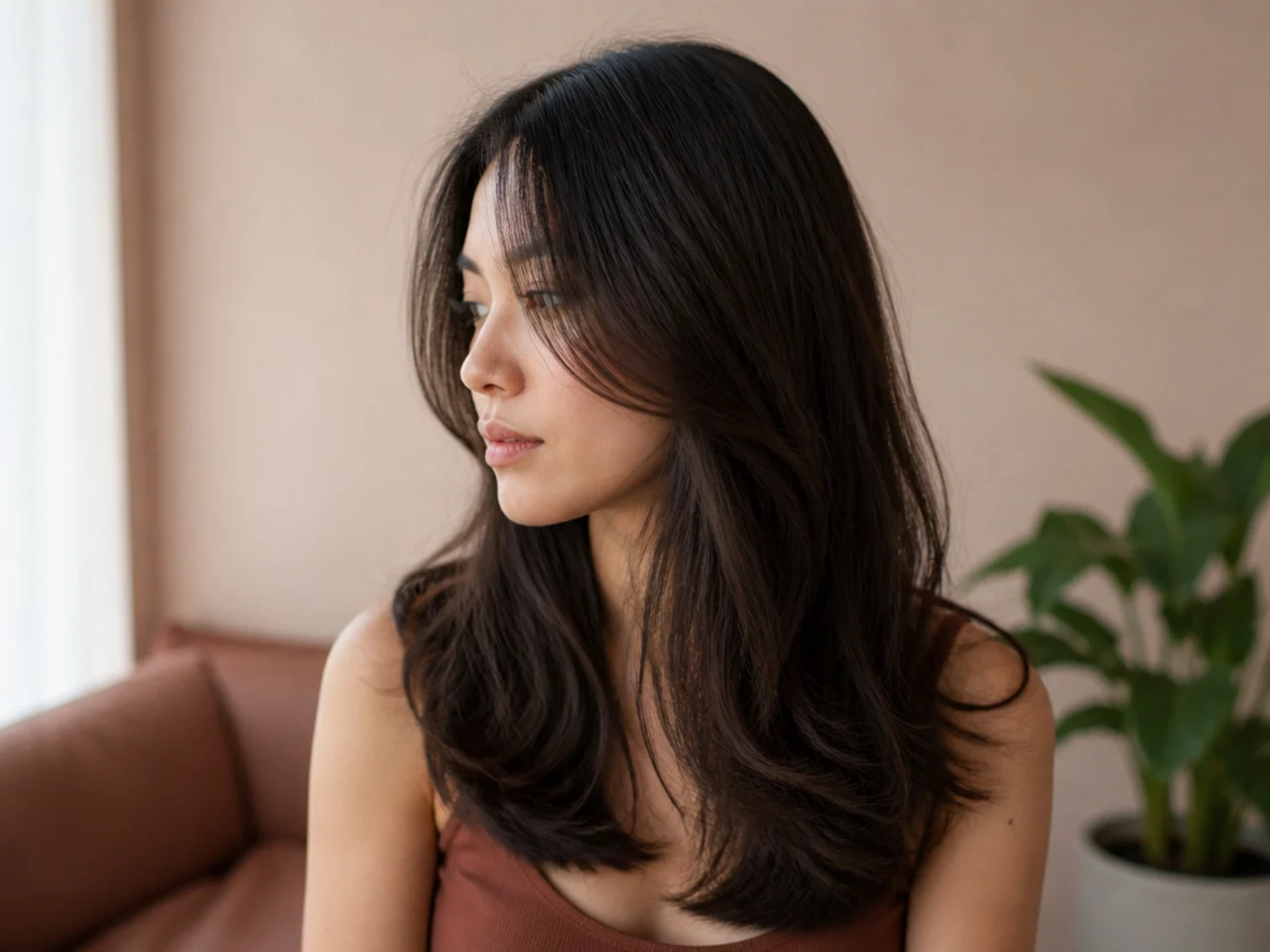 An evenly grown out head of hair with no contrast between sides and back