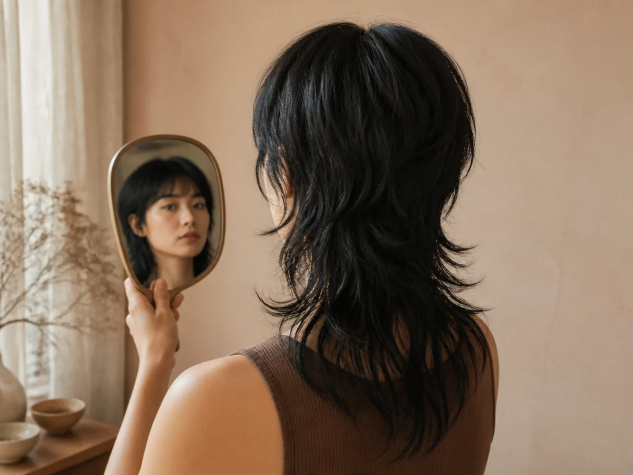The back of a mullet being checked with a hand mirror
