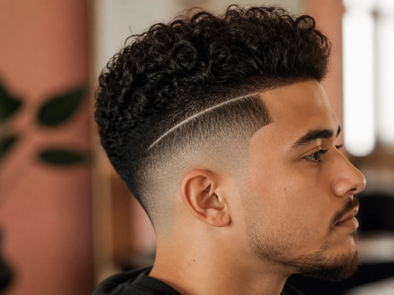 A shaved hard part line cut into thick curly hair above the fade
