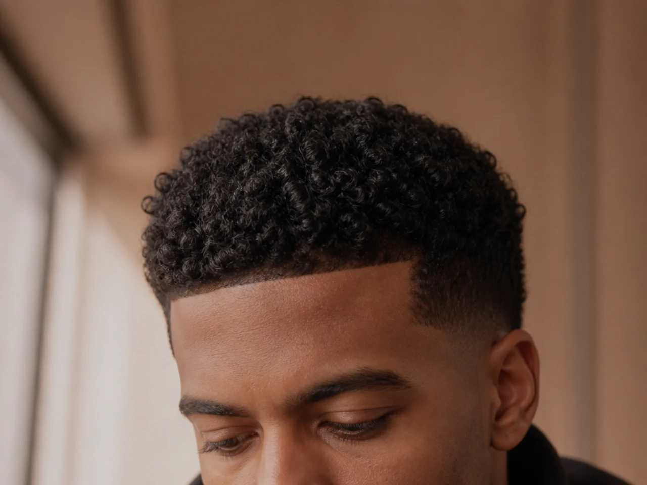A squared off hairline across the forehead above thick curls