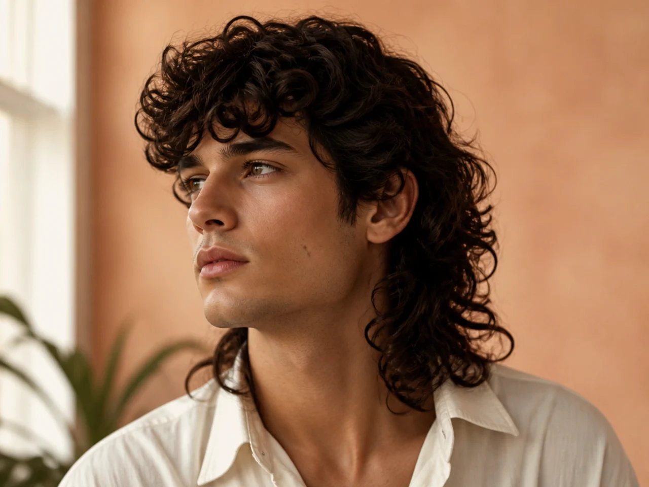 Curly mullet length reaching the shoulders with looser curls at the ends