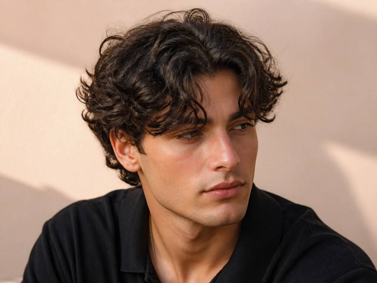 Thick curls parted into a curtain fringe over the forehead
