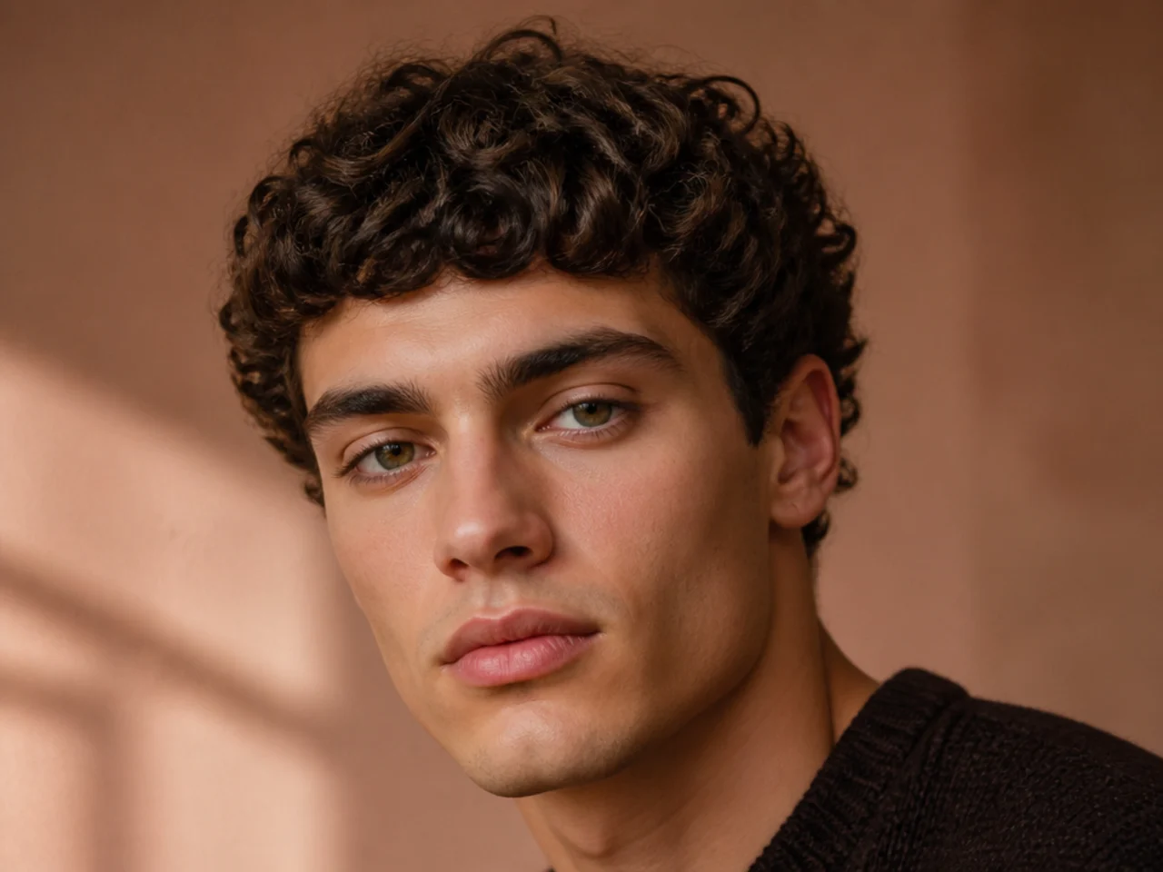 A short blunt curly fringe sitting above the eyebrows