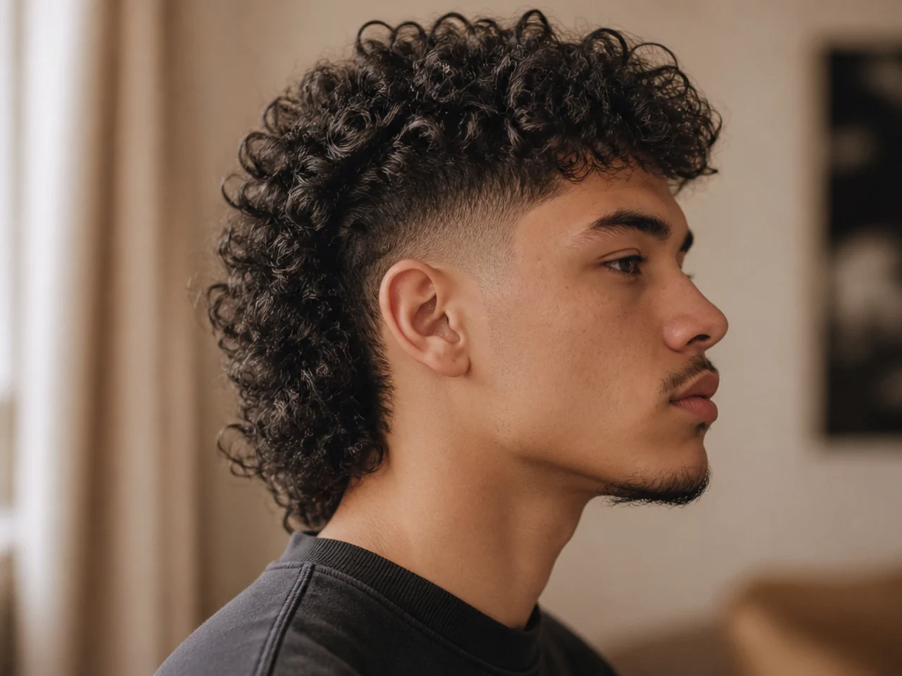 Extremely dense curls shaped into a mullet with tightly faded sides