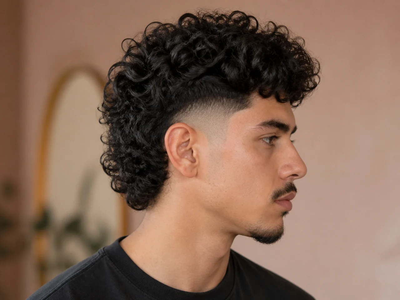 A curly mullet with the fade line starting halfway up the side of the head
