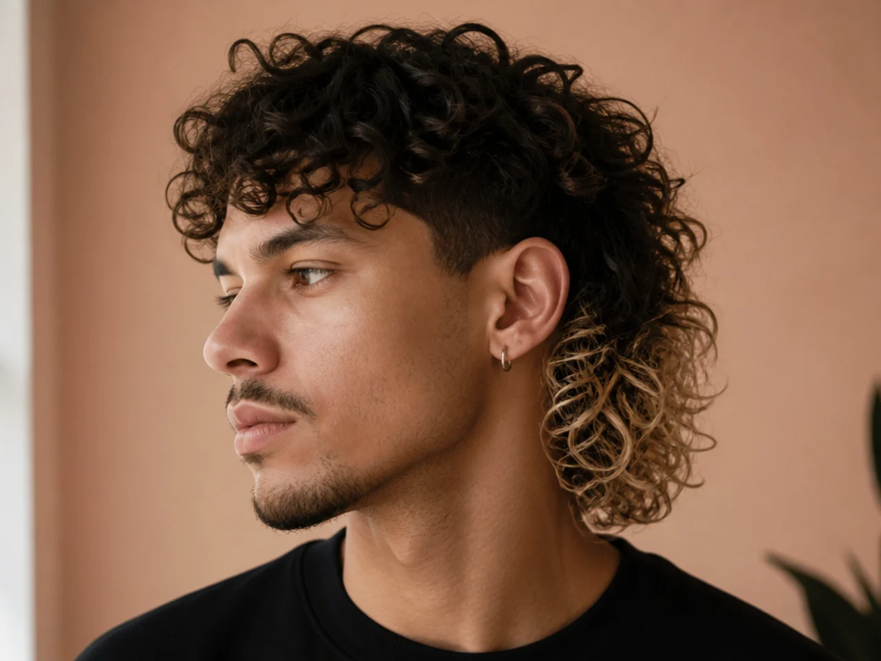Dark curls with bleached blonde ends in a mullet shape