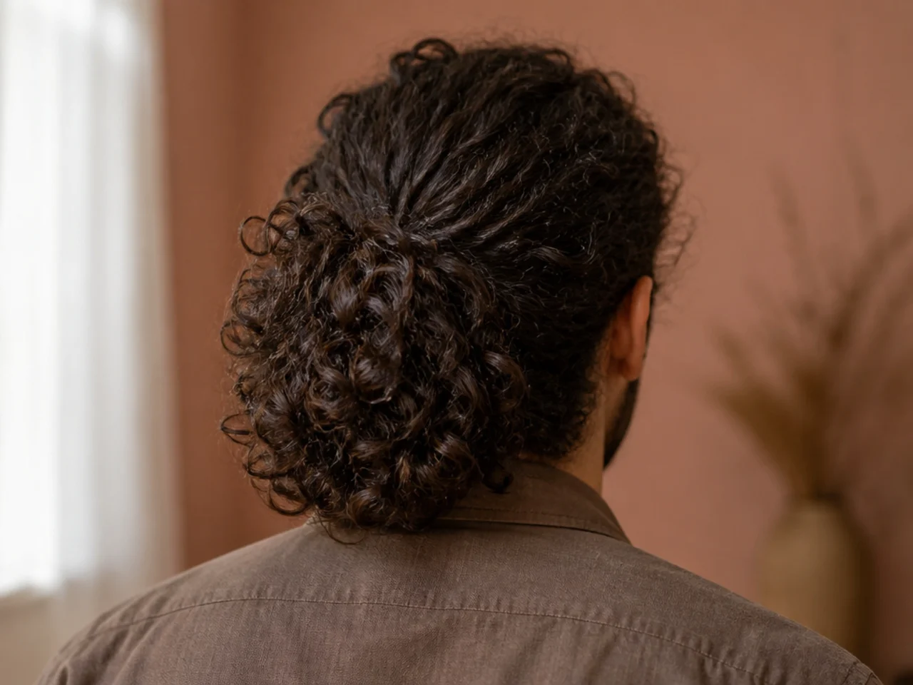 A broad full curly tail seen from behind above the shoulders