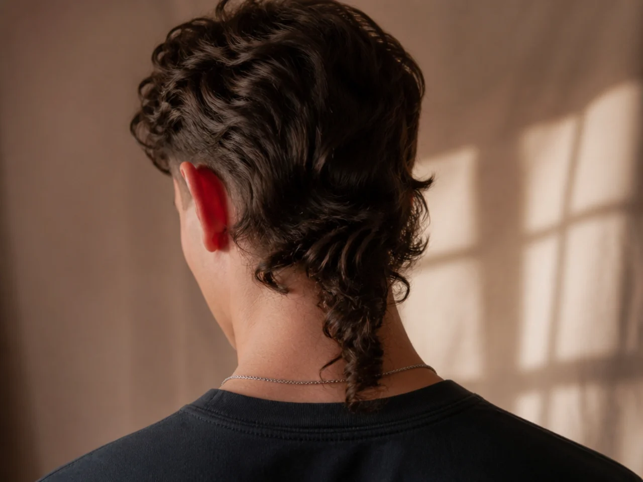 A narrow column of curls at the back of a mullet seen from behind